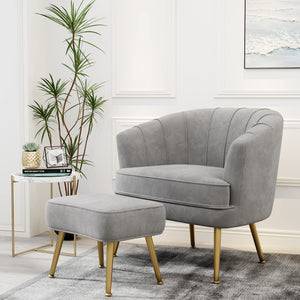 Velvet Accent Chair with Ottoman, Upholstered Modern Single Sofa Side Chair,Comfy Barrel Club Living Room Armchair with Golden Metal Legs for Bedroom Living Reading Room Office, Grey