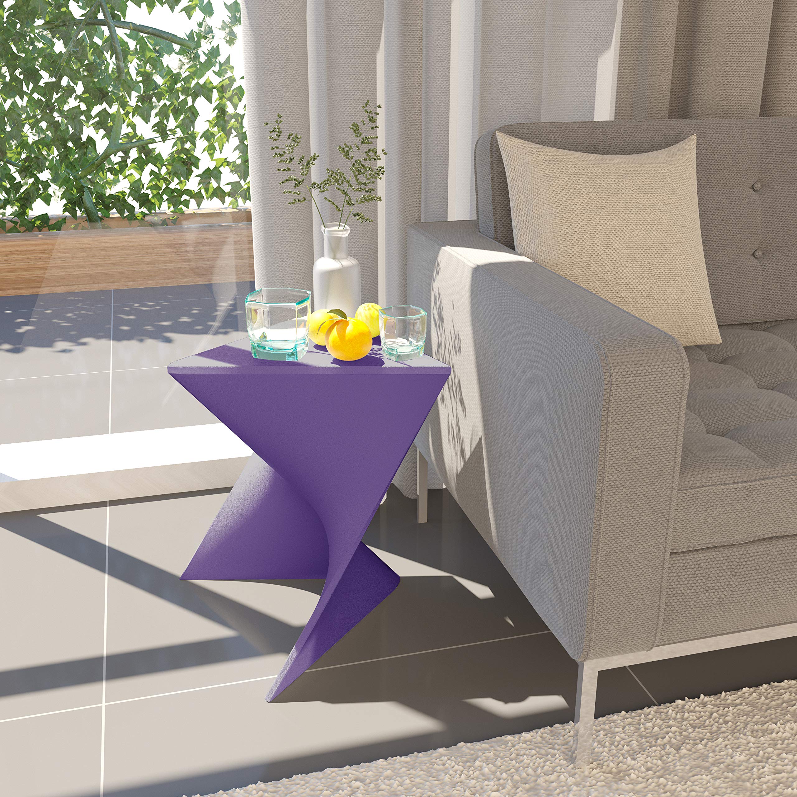 15.75" Triangular Side Table, Stackable Plastic Accent End Table for Indoor & Outdoor Use, Weather-Resistant Modern Patio & Living Room Table, Set of 2, Purple