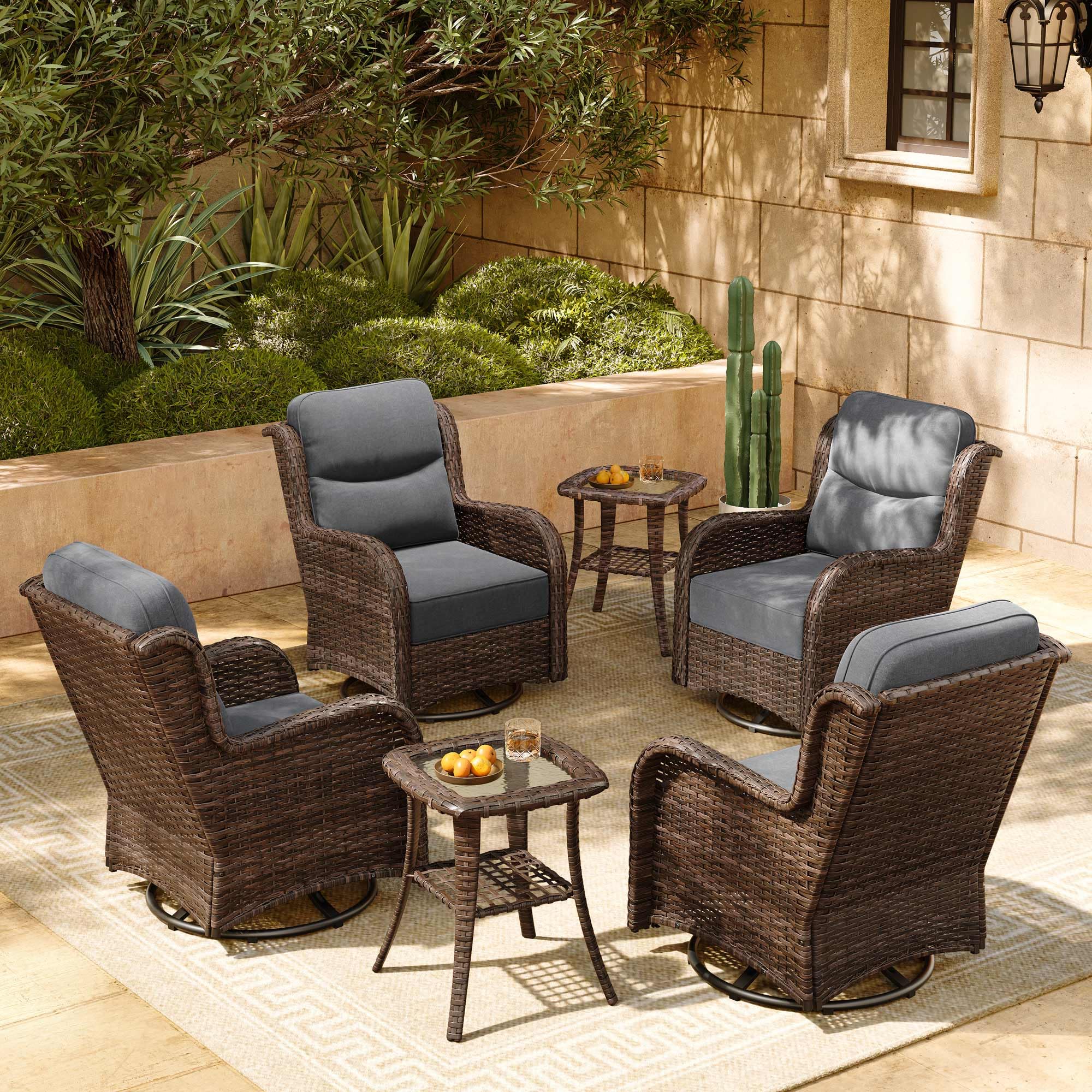 Luxury Patio Furniture Set with 6-inch Thick Cushion, Outdoor High Back Swivel Rocker Patio Chairs, 6PCS Wicker Conversation Set for Deck Yard and Poolside, Dark Grey (V2)
