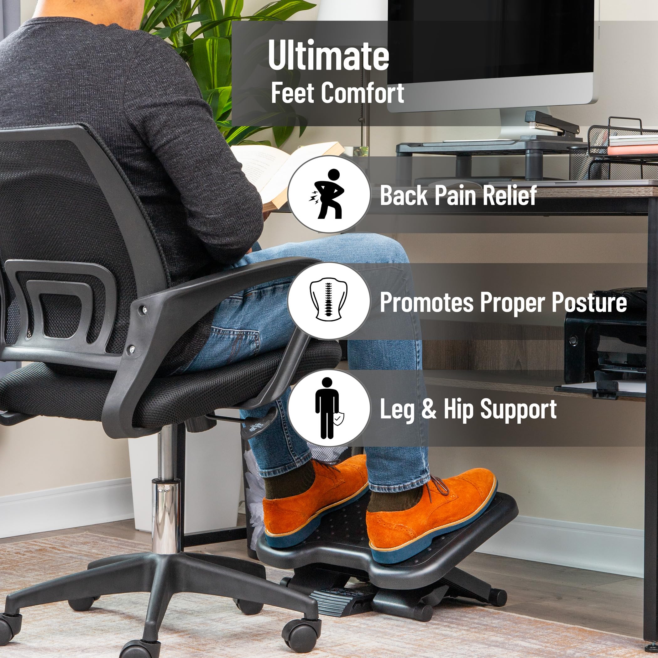 Adjustable Foot Rest with Elastomer Pad for Comfort and Support, Ergonomic Foot Platform, Height Adjustable, Black