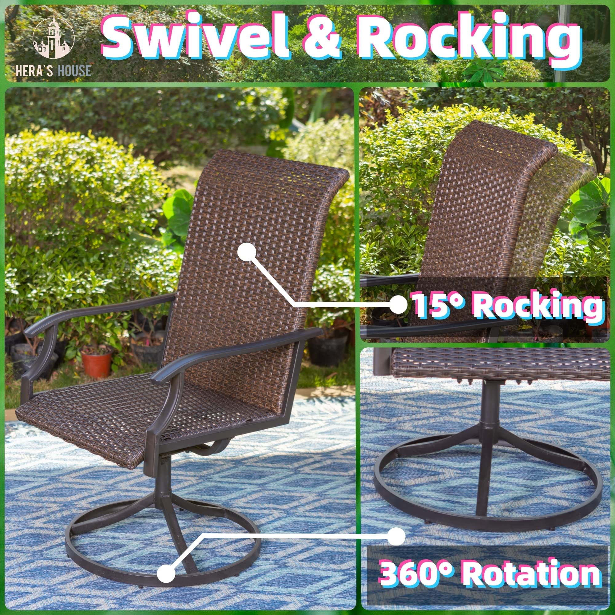 7 Pieces Patio Dining Set, Rattan Outdoor Furniture Set for 6, 6 x Swivel Dining Chair, 1 x Large Surface Wood Like Dining Table, All Weather Resistant for Lawn Garden Backyard Deck