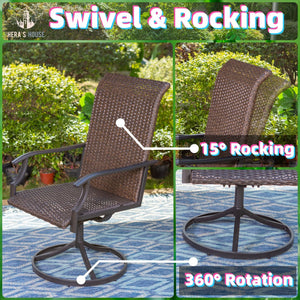 7 Pieces Patio Dining Set, Rattan Outdoor Furniture Set for 6, 6 x Swivel Dining Chair, 1 x Large Surface Wood Like Dining Table, All Weather Resistant for Lawn Garden Backyard Deck