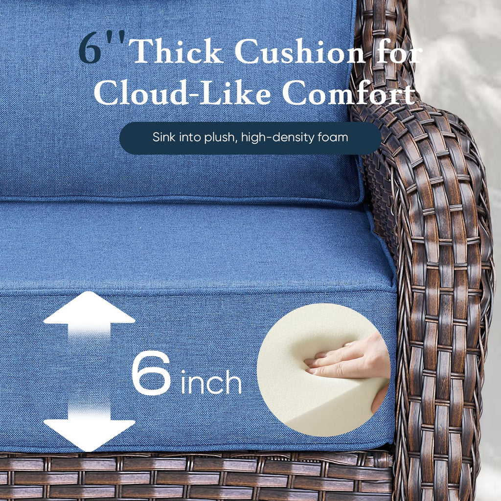 Luxury 6" Thick Cushioned 6 Pieces Patio Furniture Set with Outdoor Couch, Wicker Outdoor Conversation Set with High Back Swivel Rocker Chairs for Deck Porch Yard and Poolside - Brown+Blue