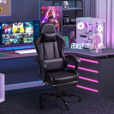 Gaming Chair, Video Game Chair with Footrest and Massage Lumbar Support, Ergonomic Computer Chair Height Adjustable with Swivel Seat and Headrest (Dark Black)