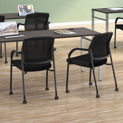 Mesh Office Chair with Arms and Casters, Guest and Conference Desk Chair for Reception Areas, Waiting Rooms, and Offices, Fabric Seat, Stackable Design, Black