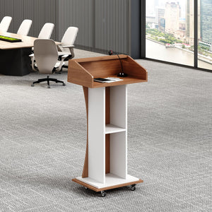 Mobile Wooden Podium Stand with Lockable Wheels Modern Presentation Blockboard Lectern Black Walnut Color with Storage Shelves for Office, Church, Classroom, Conference Room