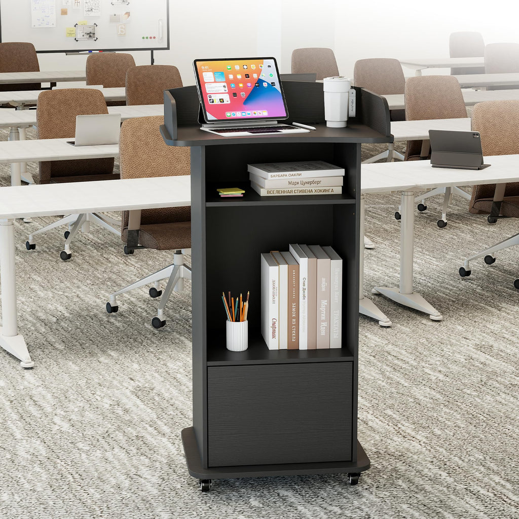 Podium Stand with Metal Wheels Wooden Lectern Podium Stand Portable Pulpit Standing with Storage Mobile Reception Podiums Desk for Church Office School Conference Restaurant Meeting, Black