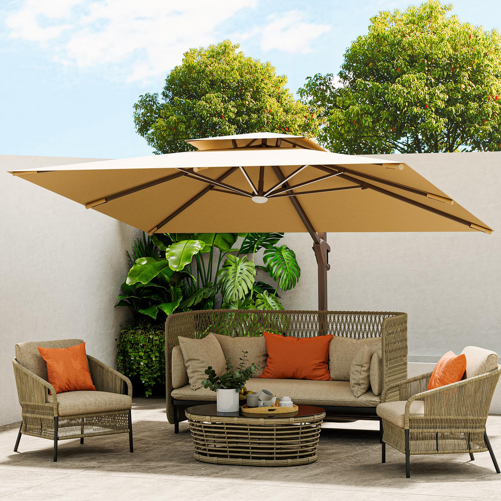 10 X 13 FT Cantilever Outdoor Patio Umbrella with Base Included Large Heavy Duty 360° Rotation Double Top Offset Rectangular Umbrellas with Led Lights for Backyard Outside Deck, Beige