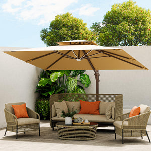 10 X 13 FT Cantilever Outdoor Patio Umbrella with Base Included Large Heavy Duty 360° Rotation Double Top Offset Rectangular Umbrellas with Led Lights for Backyard Outside Deck, Beige