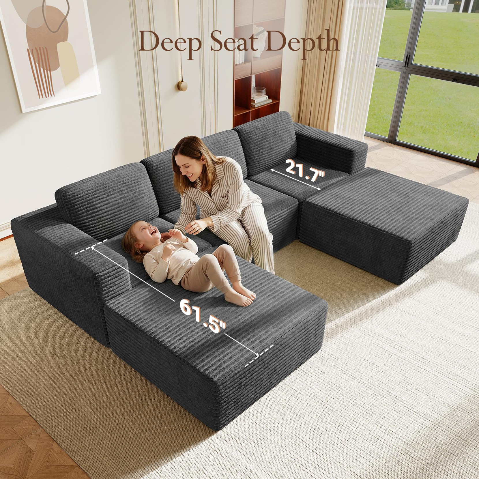 119" Oversized U-Shaped Modular Sectional Sofa, Corduroy Cloud Couch with Deep Seating & Spring Support, Convertible Sofa with 2 Ottomans, Boneless Couch, No Assembly Required, Grey