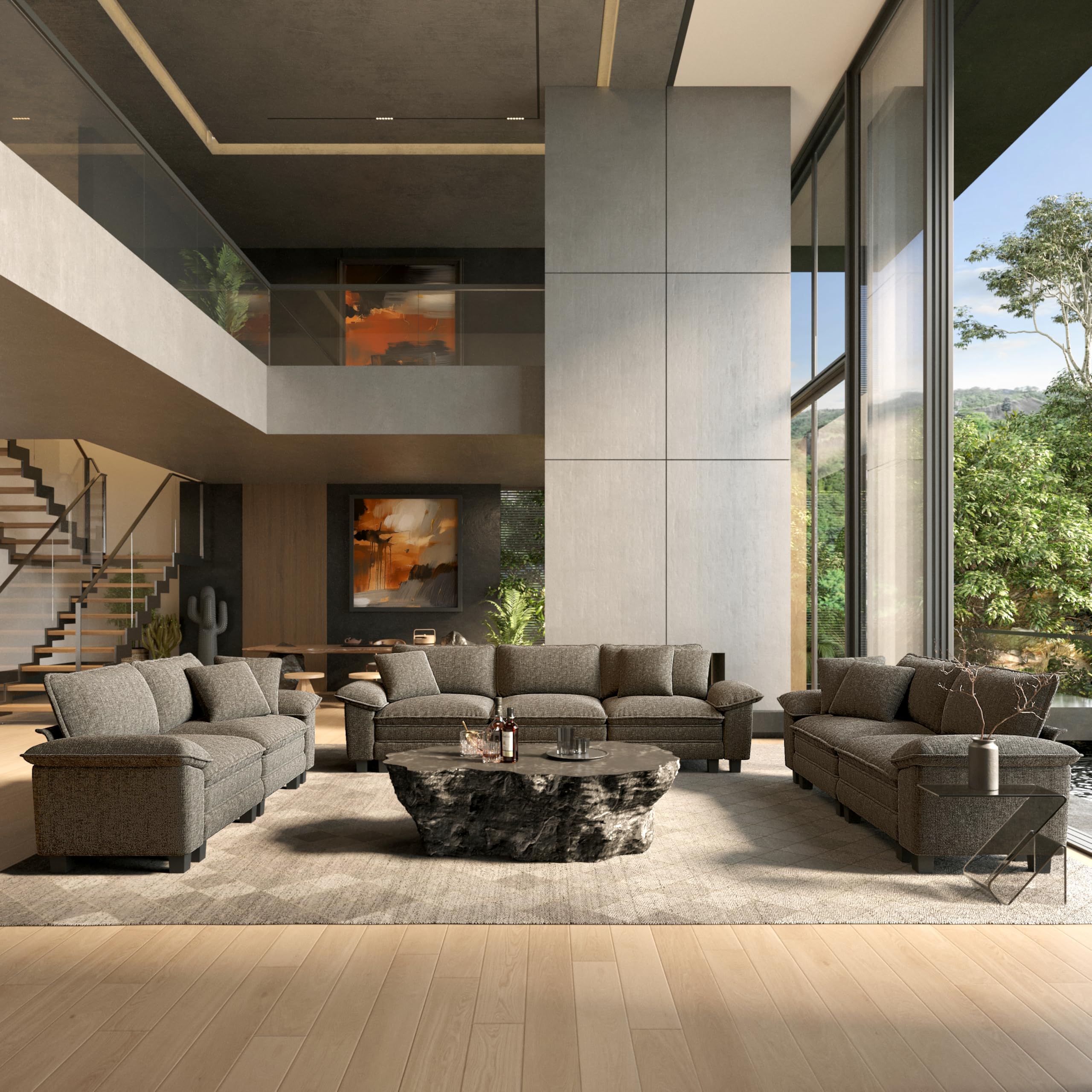 3 Pieces Modular Sectional Sofa Sets, Oversized Couch Set with Loveseat and Armchairs, Comfy Cloud Couches with Throw Pillows, 5-Seater Deep Seat Sofa for Living Room, Chenille Ash