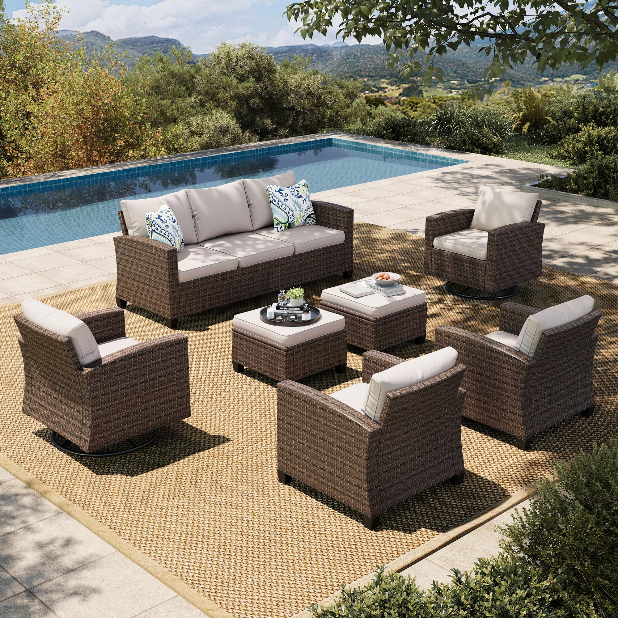 Swivel Glider Patio Furniture Set, 7 Pieces Wicker Outdoor Seating Furniture, Patio Conversation Sofa Sets for Lawn Backyard Deck, Beige