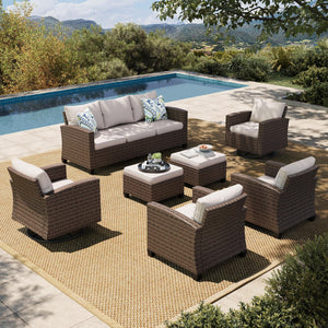 Swivel Glider Patio Furniture Set, 7 Pieces Wicker Outdoor Seating Furniture, Patio Conversation Sofa Sets for Lawn Backyard Deck, Beige