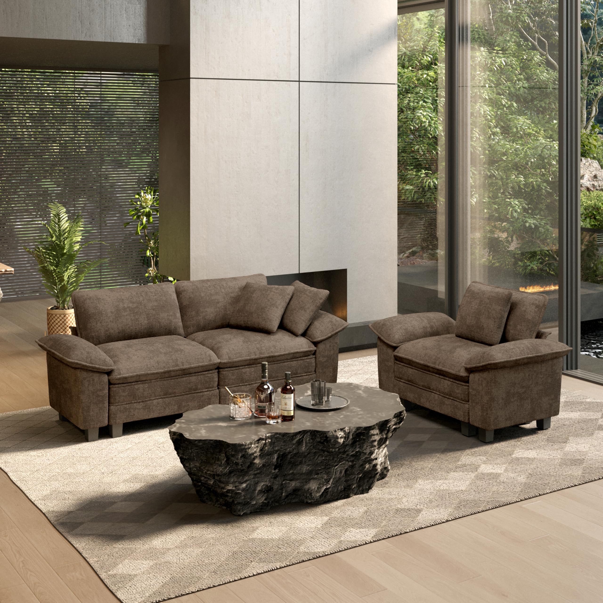 2 Pieces Modular Sectional Sofa Sets, Oversized Couch Set with Loveseat and Armchair, Comfy Cloud Couches with Throw Pillows, 3-Seater Deep Seat Sofa for Living Room, Chenille Taupe