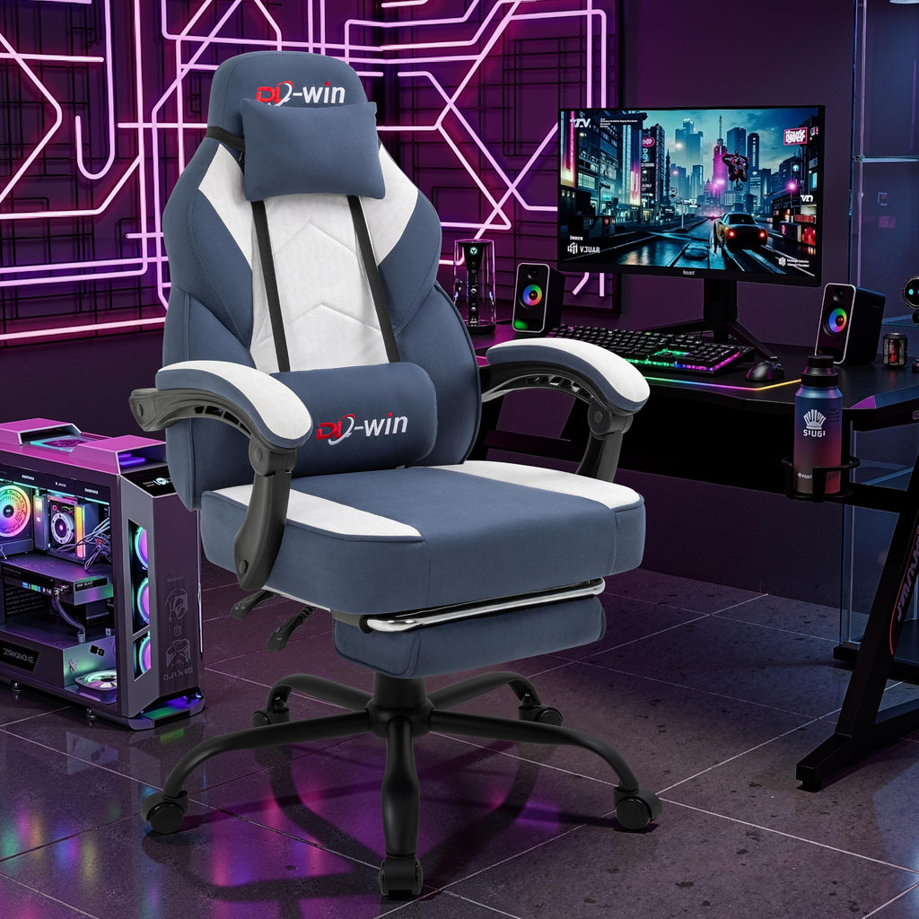 Video Gaming Chair for Adults, Computer Chair with Footrest and Ergonomic High Back, Big and Tall Gamer Chair with Massage Lumbar Support (Light Blue Fabric)