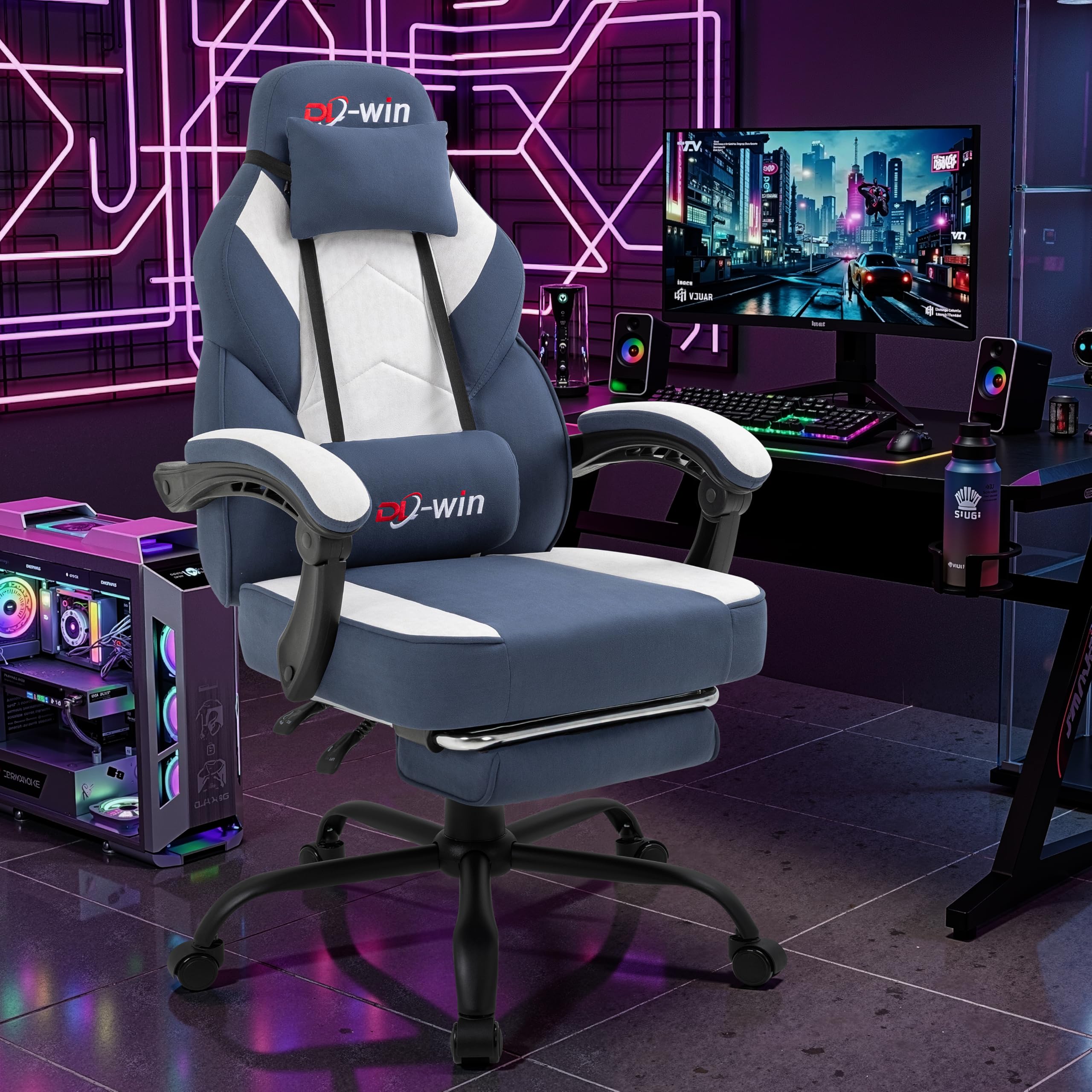 Video Gaming Chair for Adults, Computer Chair with Footrest and Ergonomic High Back, Big and Tall Gamer Chair with Massage Lumbar Support (Light Blue Fabric)