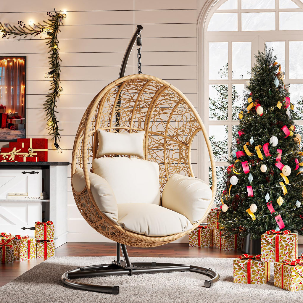 Oversized Hanging Egg Chair Outdoor Indoor, Wicker Swing Egg Chair with Stand 400lbs Capacity for Bedroom, Patio, Garden and Balcony (Beige-nest, Oversize)