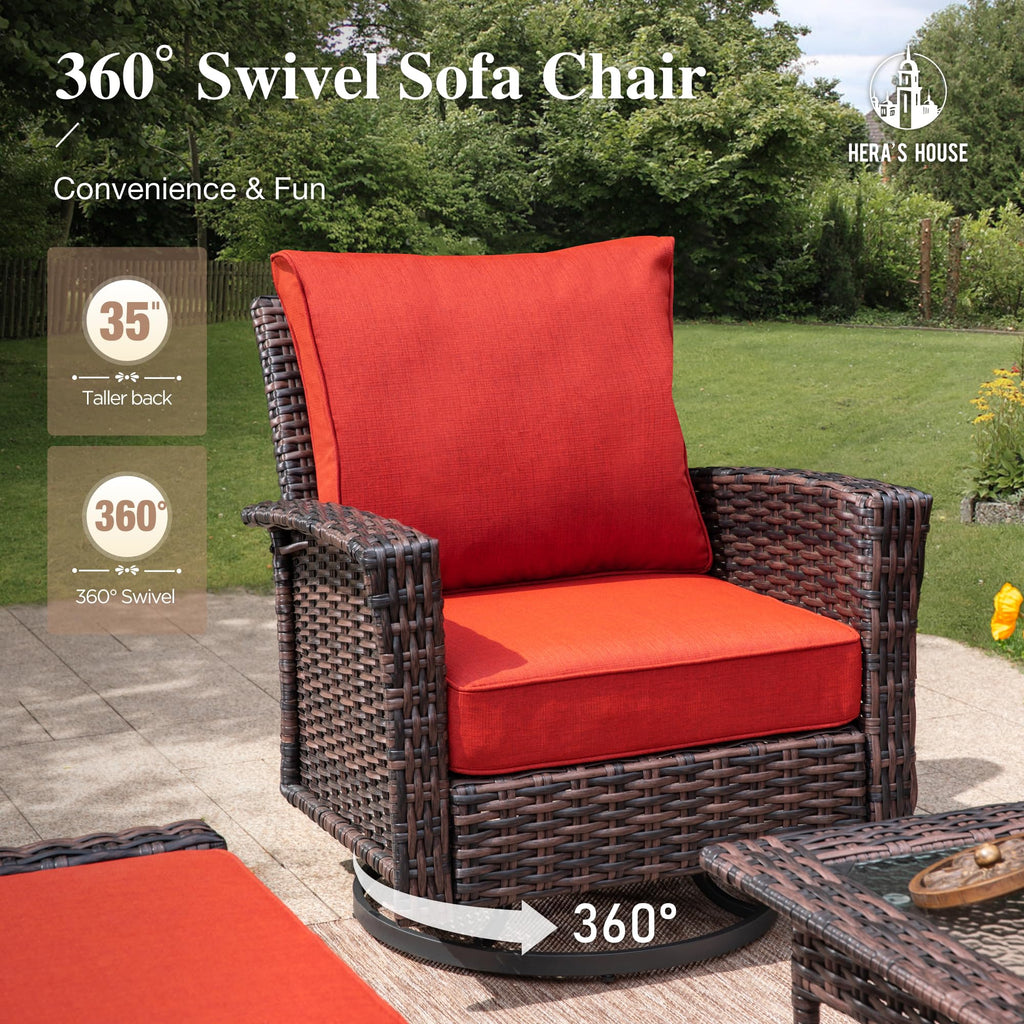 High Back Swivel Patio Furniture Set with 5.5" Thick Cushions, 5-Piece Oversized Outdoor Wicker Sectional Conversation Set with Ottomans for Garden Yard Porch, Red