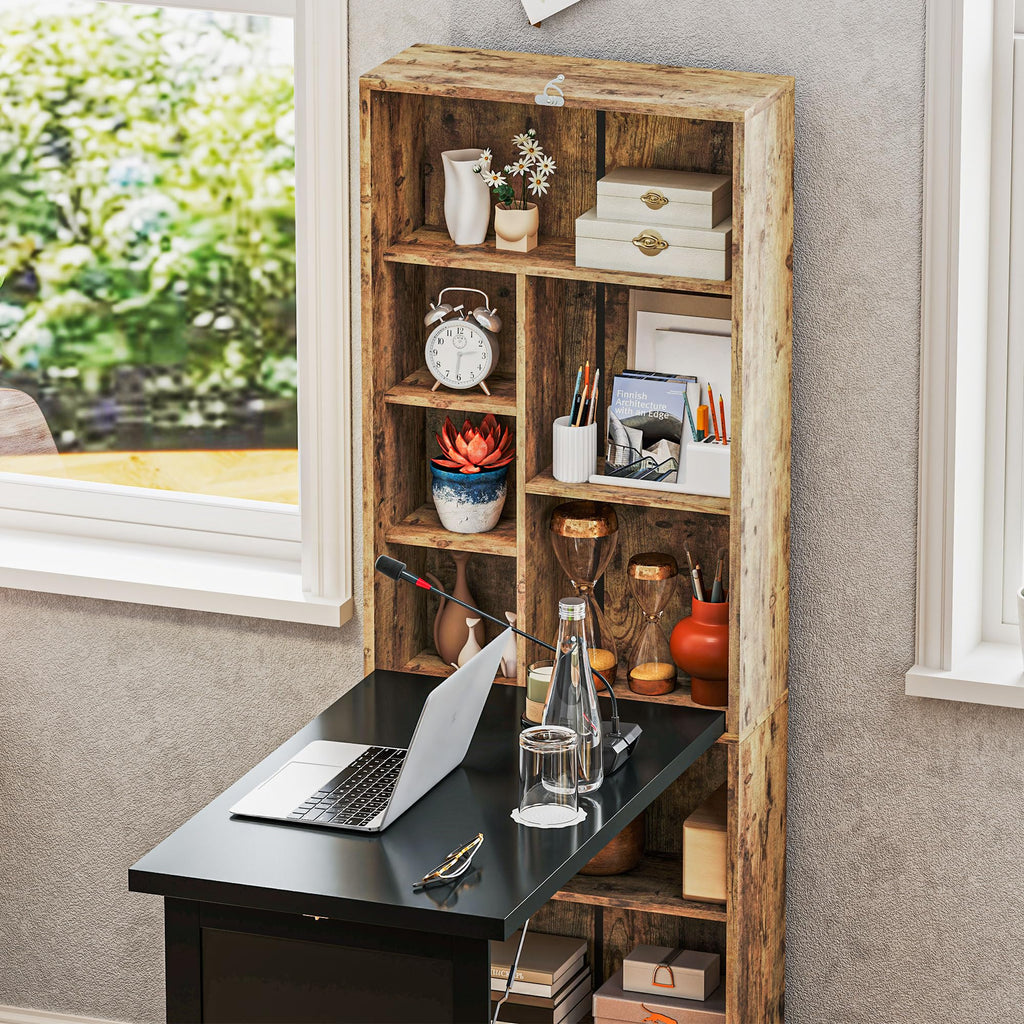 Foldable Convertible Writing Table, Wall Mounted Space-Saving Computer Desk with Chalkboard and Storage Shelves for Small Spaces, Home Office, Bedroom, Dorm, Apartment, Rustic Brown