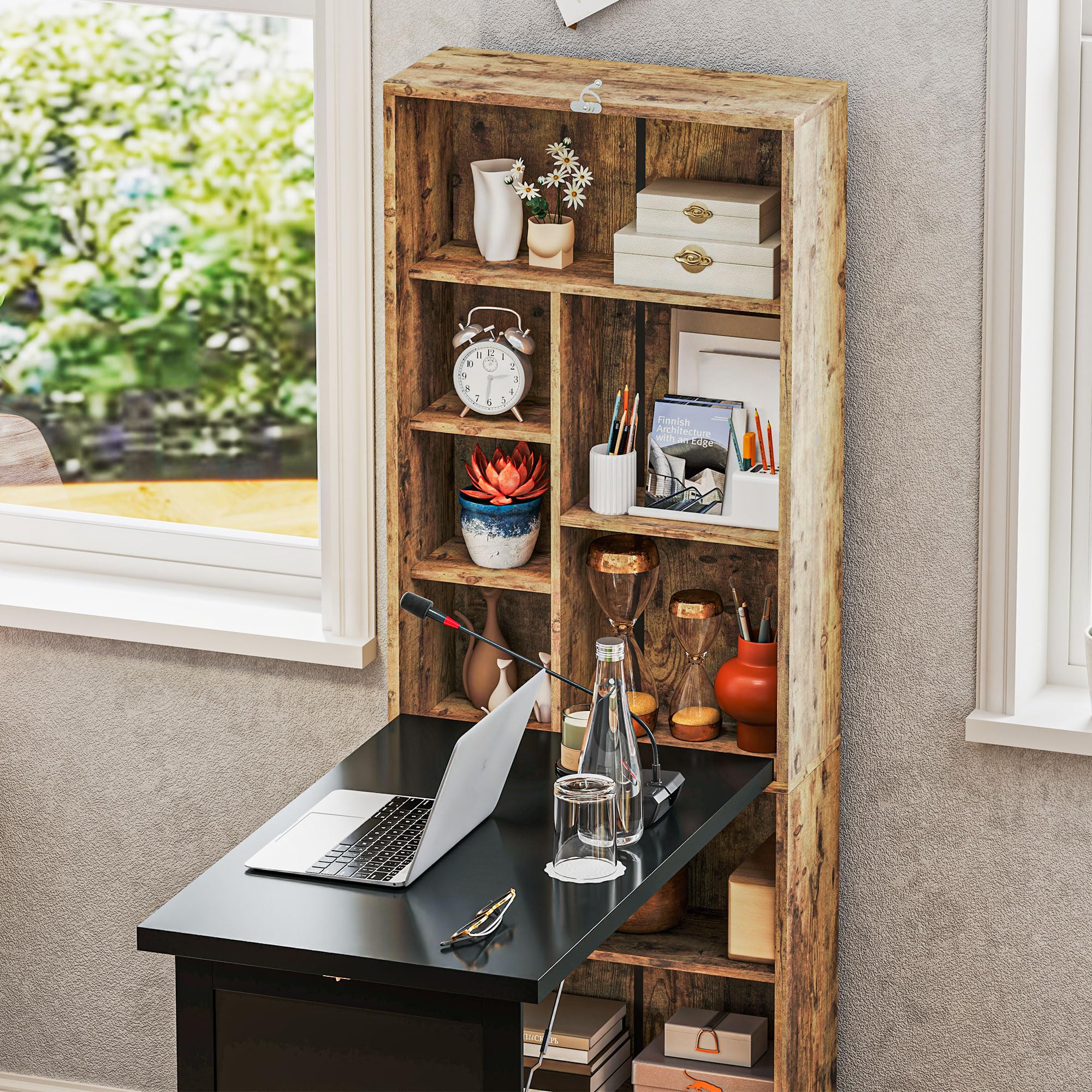 Foldable Convertible Writing Table, Wall Mounted Space-Saving Computer Desk with Chalkboard and Storage Shelves for Small Spaces, Home Office, Bedroom, Dorm, Apartment, Rustic Brown