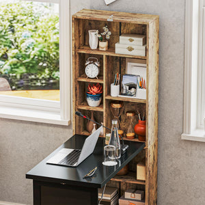 Foldable Convertible Writing Table, Wall Mounted Space-Saving Computer Desk with Chalkboard and Storage Shelves for Small Spaces, Home Office, Bedroom, Dorm, Apartment, Rustic Brown