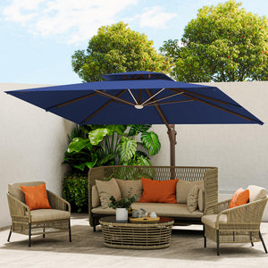 10 X 13 FT Cantilever Outdoor Patio Umbrella with Led Lights Large Heavy Duty 360° Rotation Double Top Offset Rectangular Umbrellas for Backyard Garden Pool Outside Deck, Navy