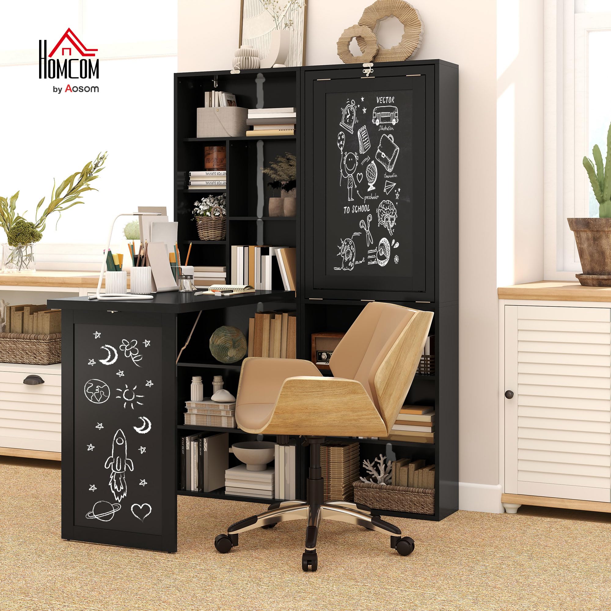Fold-Out Convertible Writing Table, Computer Desk with Blackboard and Side Shelf Multi-Function Home Office Workstation, Black