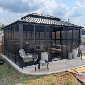 12' X 16' Solarium Sunroom Permanent Hardtop Gazebo Galvanized Steel Double Roof Aluminum Outdoor Screen House for Lawn Deck Backyard Grey