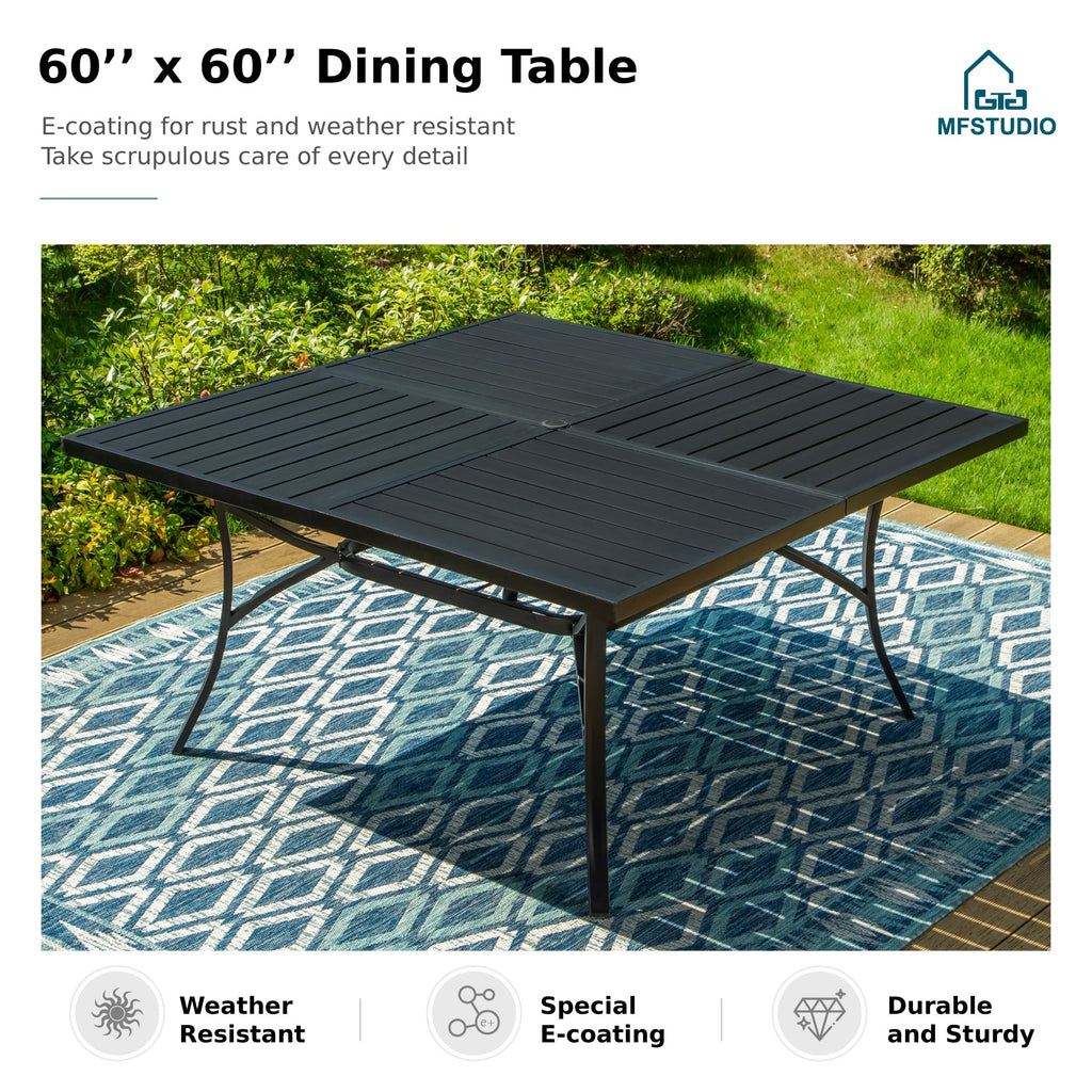 9 PCS Outdoor Patio Dining Set, 8 Metal Swivel Chairs with Removable Cushions and 1 Square Dining Table with 1.57" -1.9" Adjustable Umbrella Hole Furniture Sets for Lawn Backyard Garden
