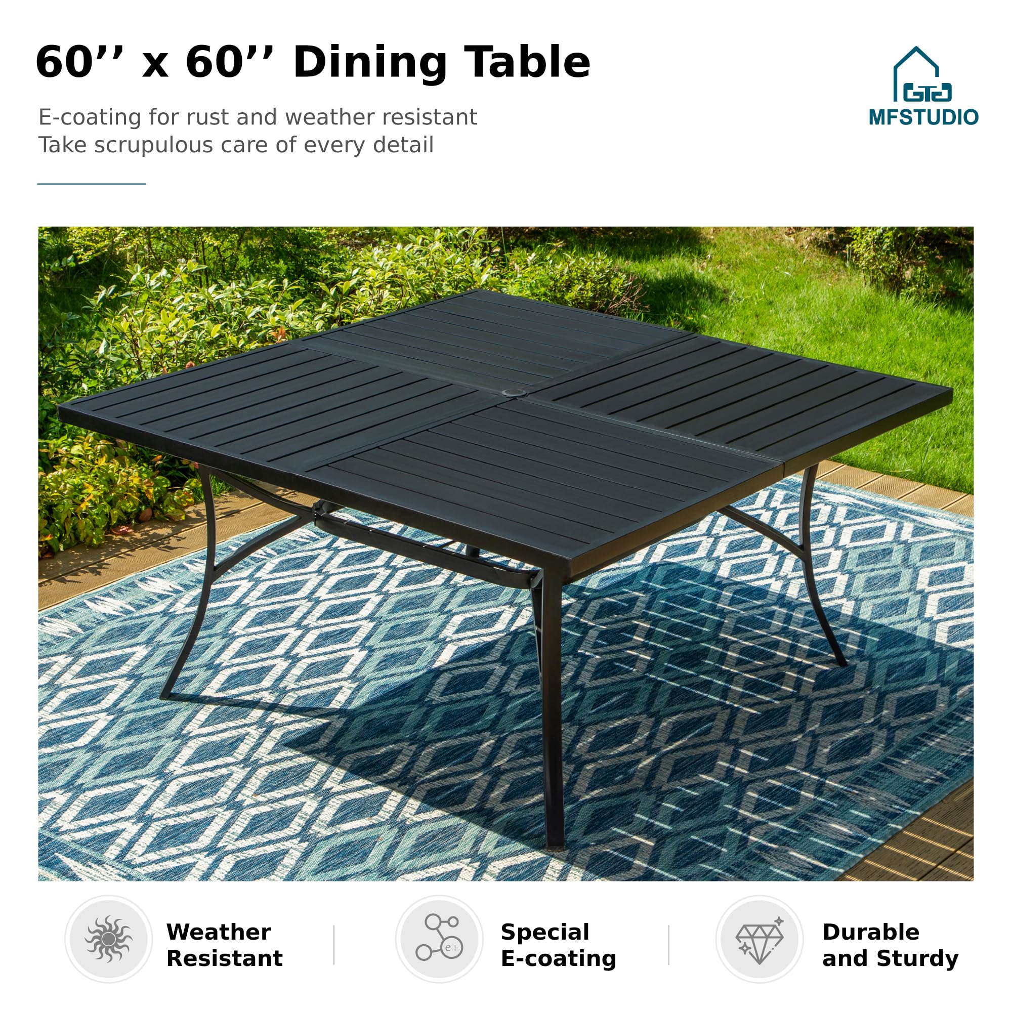 9 PCS Outdoor Patio Dining Set, 8 Metal Swivel Chairs with Removable Cushions and 1 Square Dining Table with 1.57" -1.9" Adjustable Umbrella Hole Furniture Sets for Lawn Backyard Garden