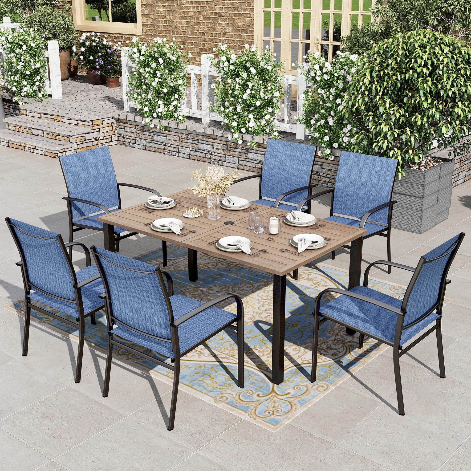 Patio Table and Chairs for 6, 7 Pieces Outdoor Deck Dining Sets, Wood-Like Rectangular Metal Table Set with Chairs for Lawn Garden Backyard, Blue