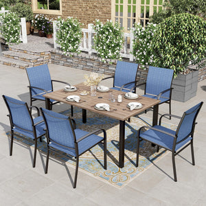 Patio Table and Chairs for 6, 7 Pieces Outdoor Deck Dining Sets, Wood-Like Rectangular Metal Table Set with Chairs for Lawn Garden Backyard, Blue