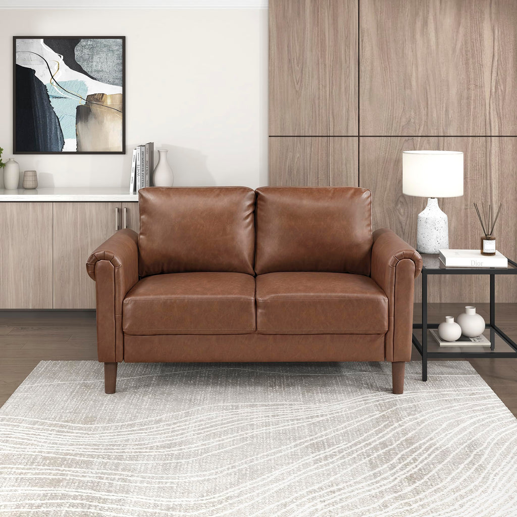 57" W Faux Leather Loveseat Sofa, Upholstered 2-Seater Couch with Rolled Armrest & Wood-Look Feet, Traditional Small Space Living Room, Office or Waiting Room Seating - Chocolate