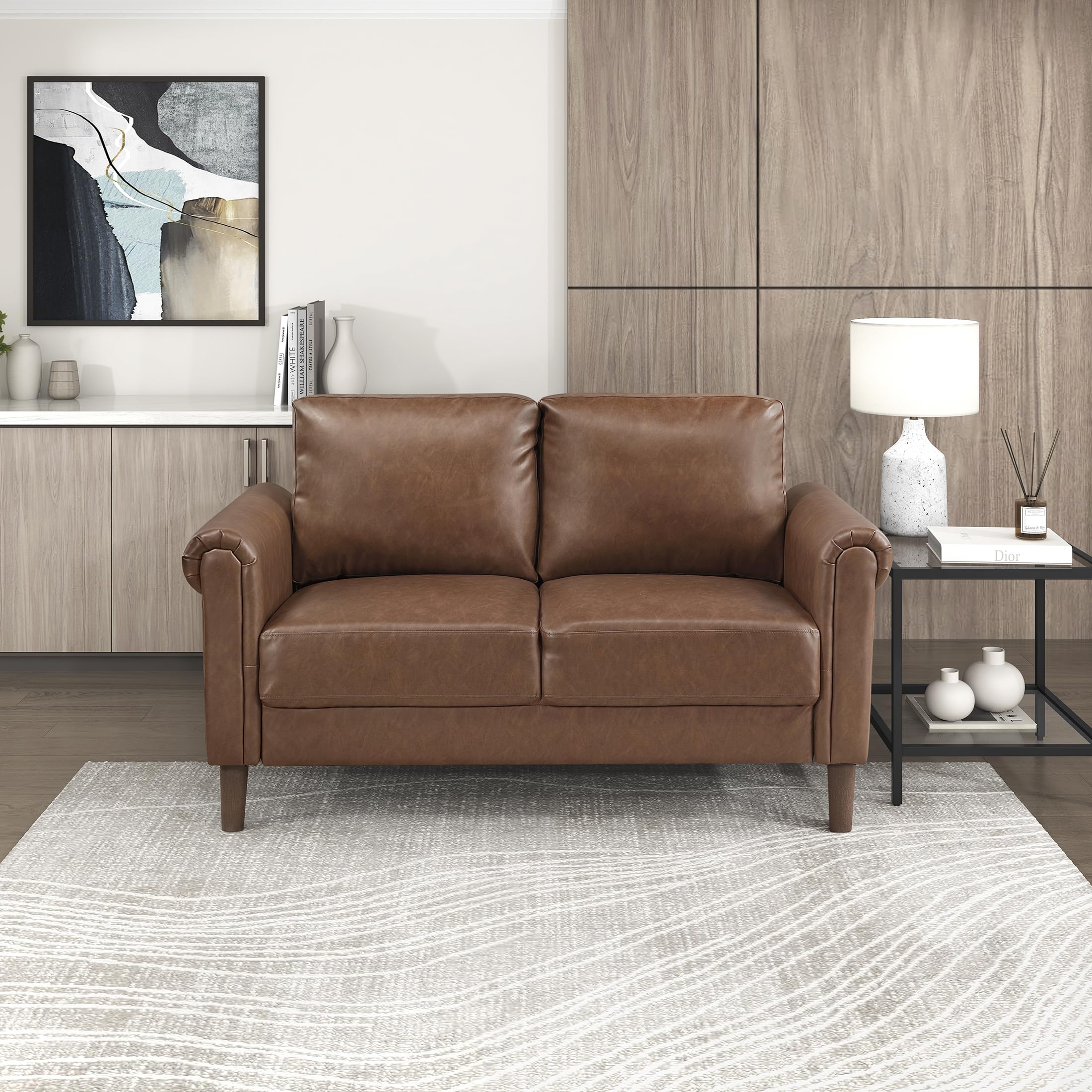 57" W Faux Leather Loveseat Sofa, Upholstered 2-Seater Couch with Rolled Armrest & Wood-Look Feet, Traditional Small Space Living Room, Office or Waiting Room Seating - Chocolate