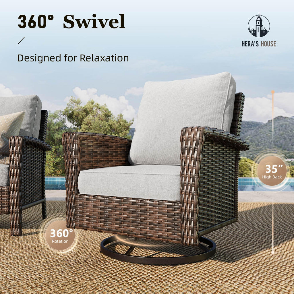 High Back Outdoor Swivel Chairs with 5.5" Thick Cushions, Wicker Rattan Patio Chairs Set of 2, Porch Deck Balcony Backyard Furniture, Grey