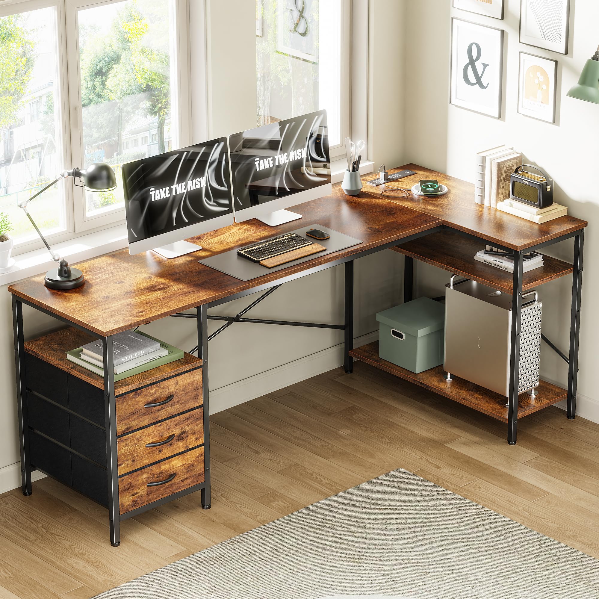 L Shaped Desk with Power Outlets, 63 Inch Reversible Computer Desk with 3 Drawers and Shelves, Home Office Table for Corner Work Study Writing Gaming, Rustic Brown