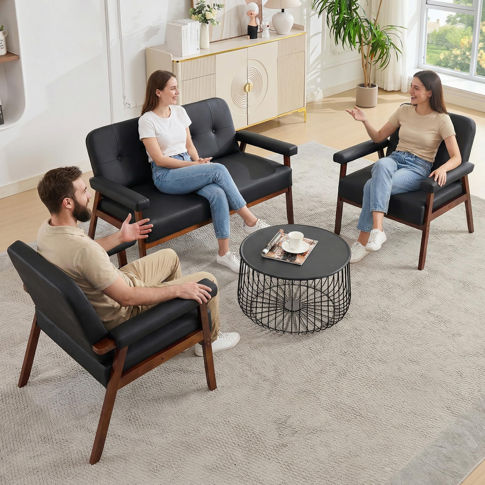 50”W Black Faux Leather Small Office Couch Loveseat Sofa with Wood Arms, Mid Century Modern Love Seat Sofas Lounge Armchair Living Room Bedroom (Black (loveseat))