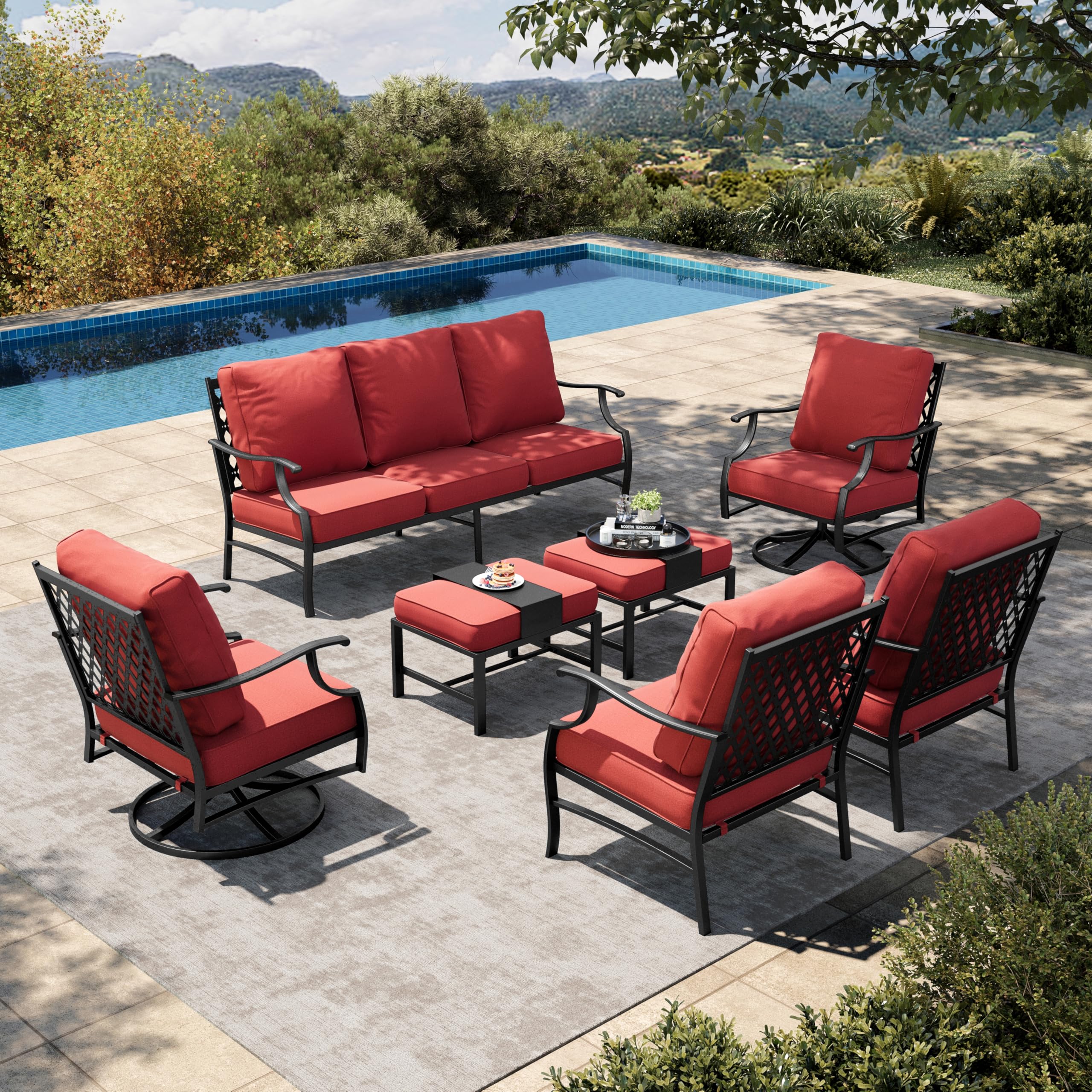 7 Piece Patio Furniture Set, 2 x Swivel Chair, 2 x Leg Chair, 2 x Ottoman, 1 x 3-Seat Sofa, All Cushioned 9 Seats Metal Outdoor Conversation Set for Lawn Garden Backyard