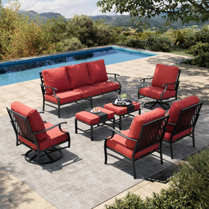 7 Piece Patio Furniture Set, 2 x Swivel Chair, 2 x Leg Chair, 2 x Ottoman, 1 x 3-Seat Sofa, All Cushioned 9 Seats Metal Outdoor Conversation Set for Lawn Garden Backyard