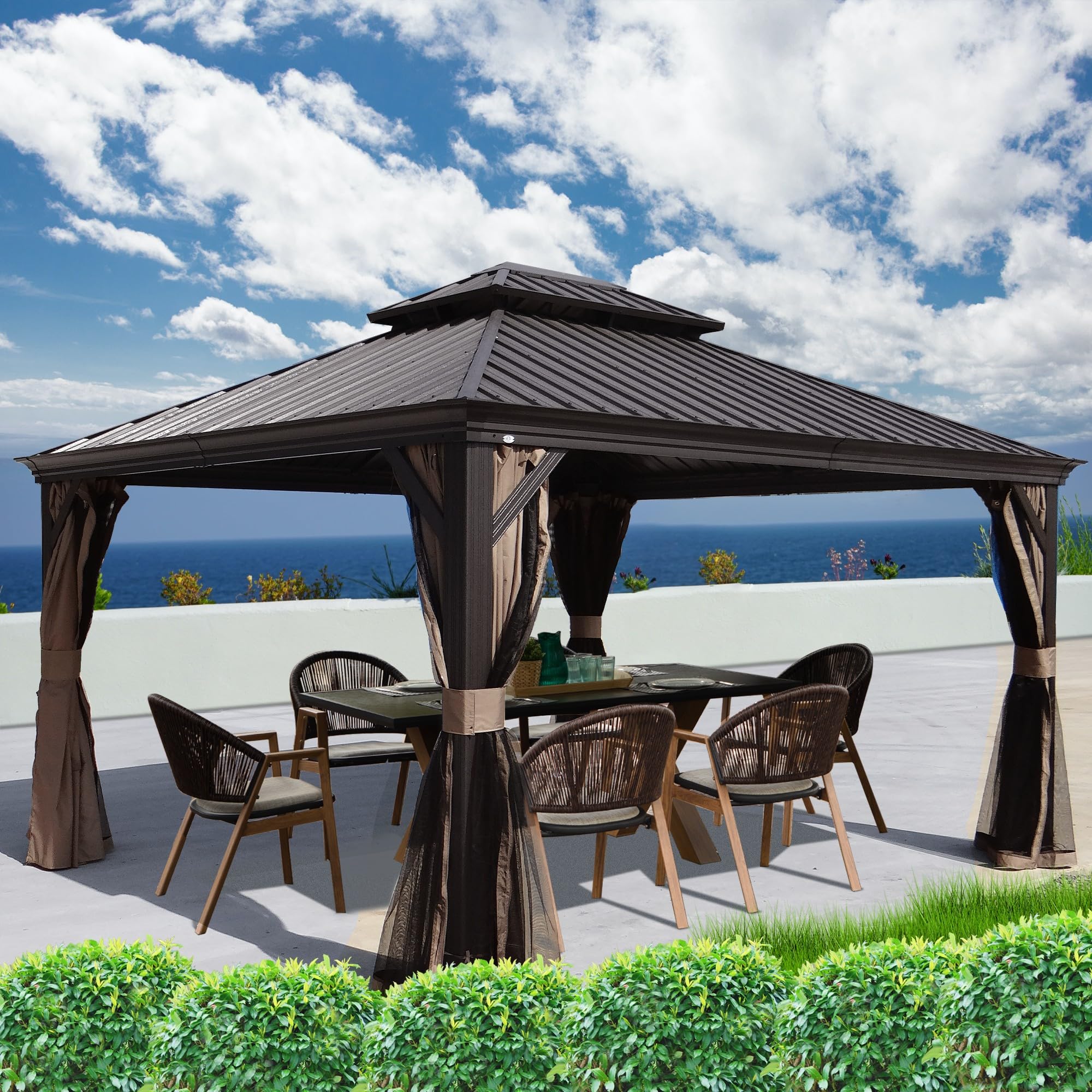 Hardtop Aluminum Permanent Gazebo with a Mosquito Net and Privacy Sidewalls (Alexander 12'x14' (Brown)