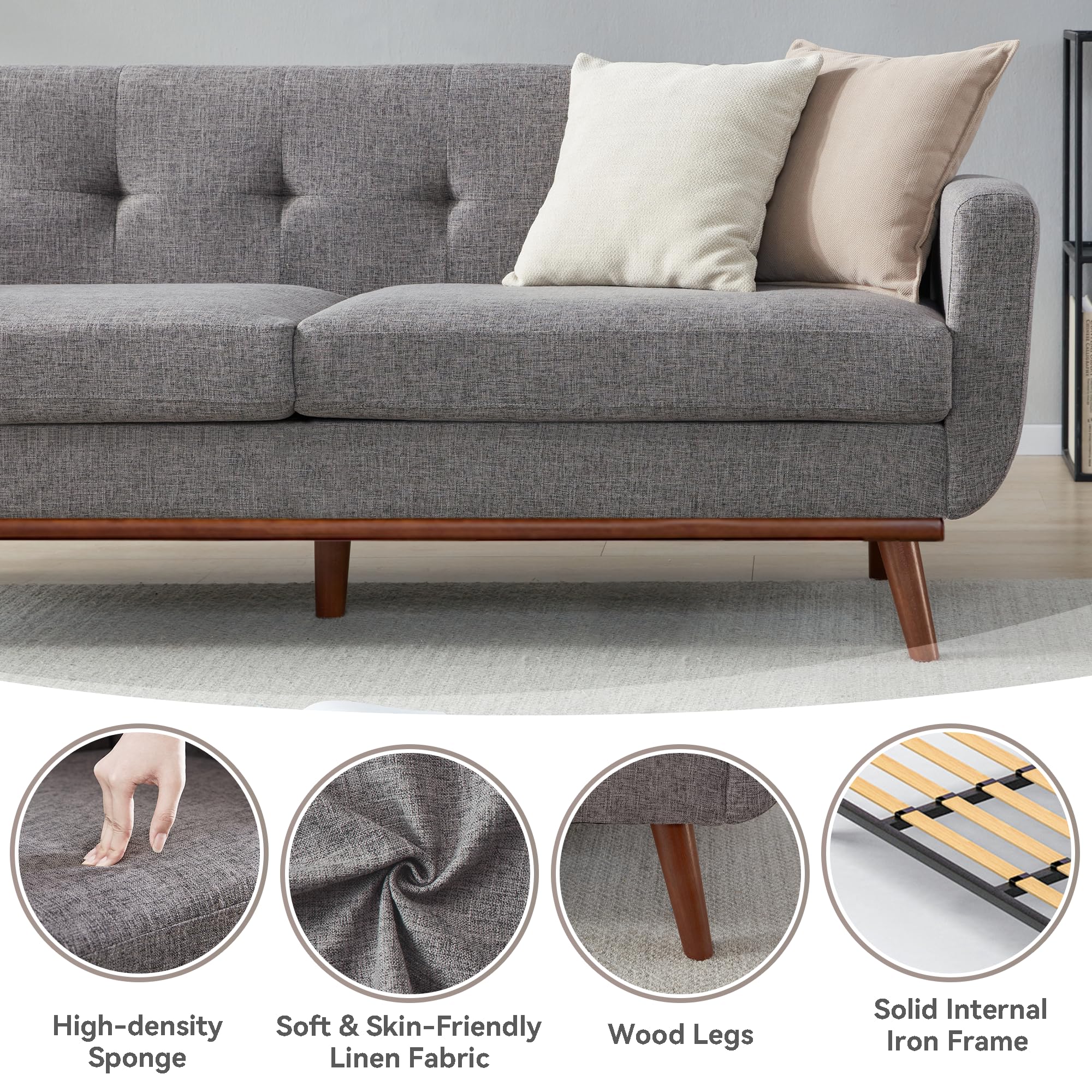 77.2" W Loveseat Sofa, Mid Century Modern Decor Love Seat Couches for Living Room, Button Tufted Upholstered Furniture, Solid & Easy to Install Small Couch for Bedroom Office Apartment, Gray