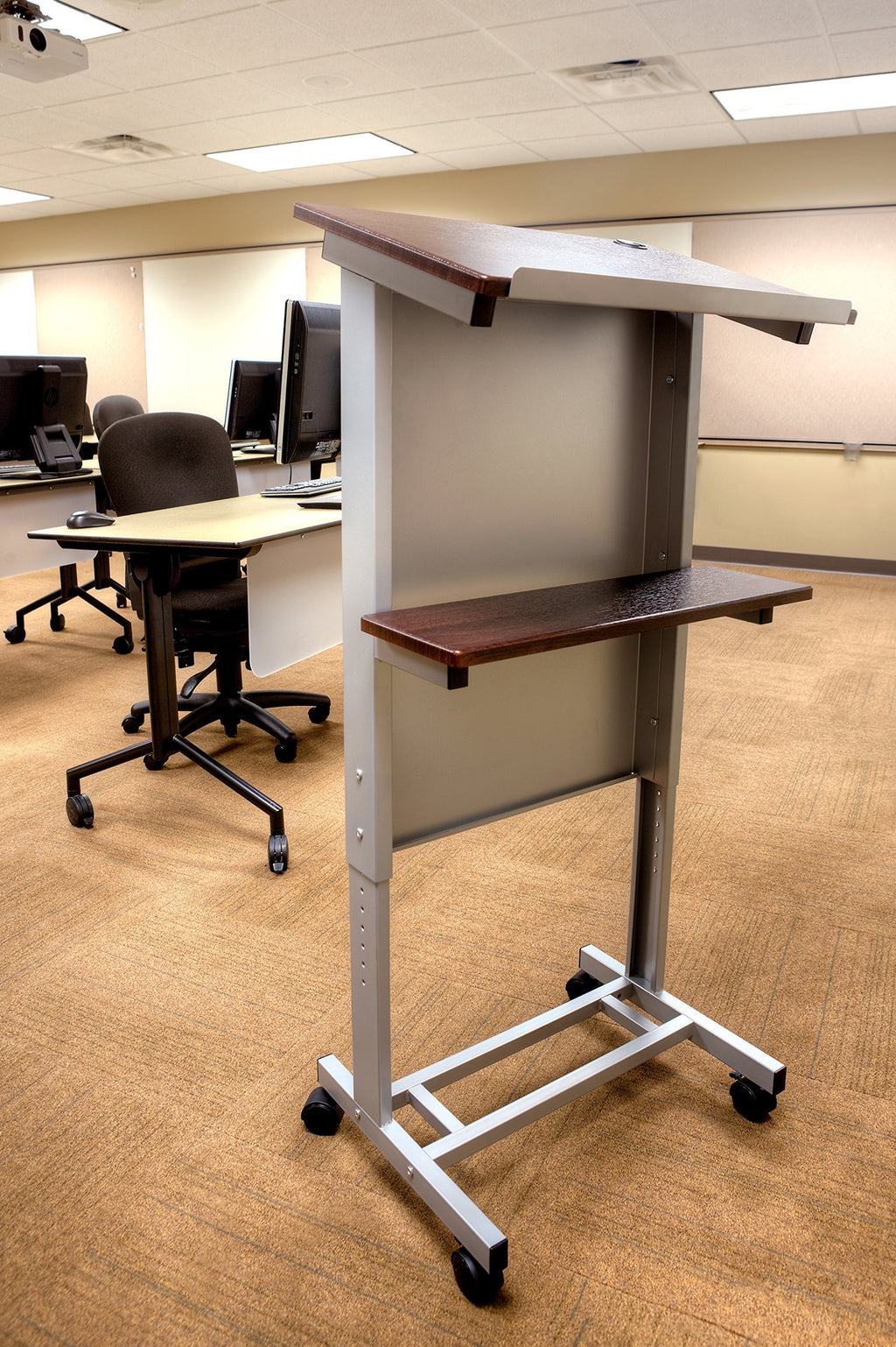 Stand Up Adjustable Height Lectern Podium | Rolling Desk with Storage Shelf | Ergonomic Standing Desk Frame for Office, Classroom, Laptop, Teaching, Presentations & More (Dark Walnut)