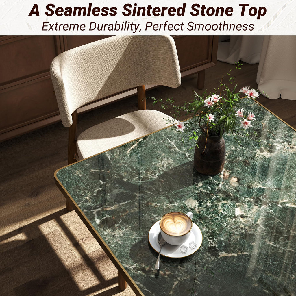 31.5" Tulip Table,Square Kitchen Dining Table for 2-4 with Thick Sintered Stone Top,Titanium Golden Pedestal Base,Heat-Resistant,Bistro Table for Dining Room,Café,Small Space（Emerald Essence）