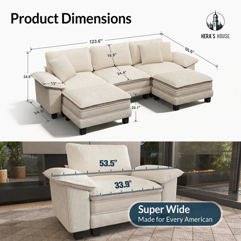 124" Modular Sectional Sofa, Oversized U Shaped Couches for Living Room, Comfy Cloud Couch with Ottoman, 5-Seater Deep Seat Sofa with Throw Pillow, Corduroy Beige