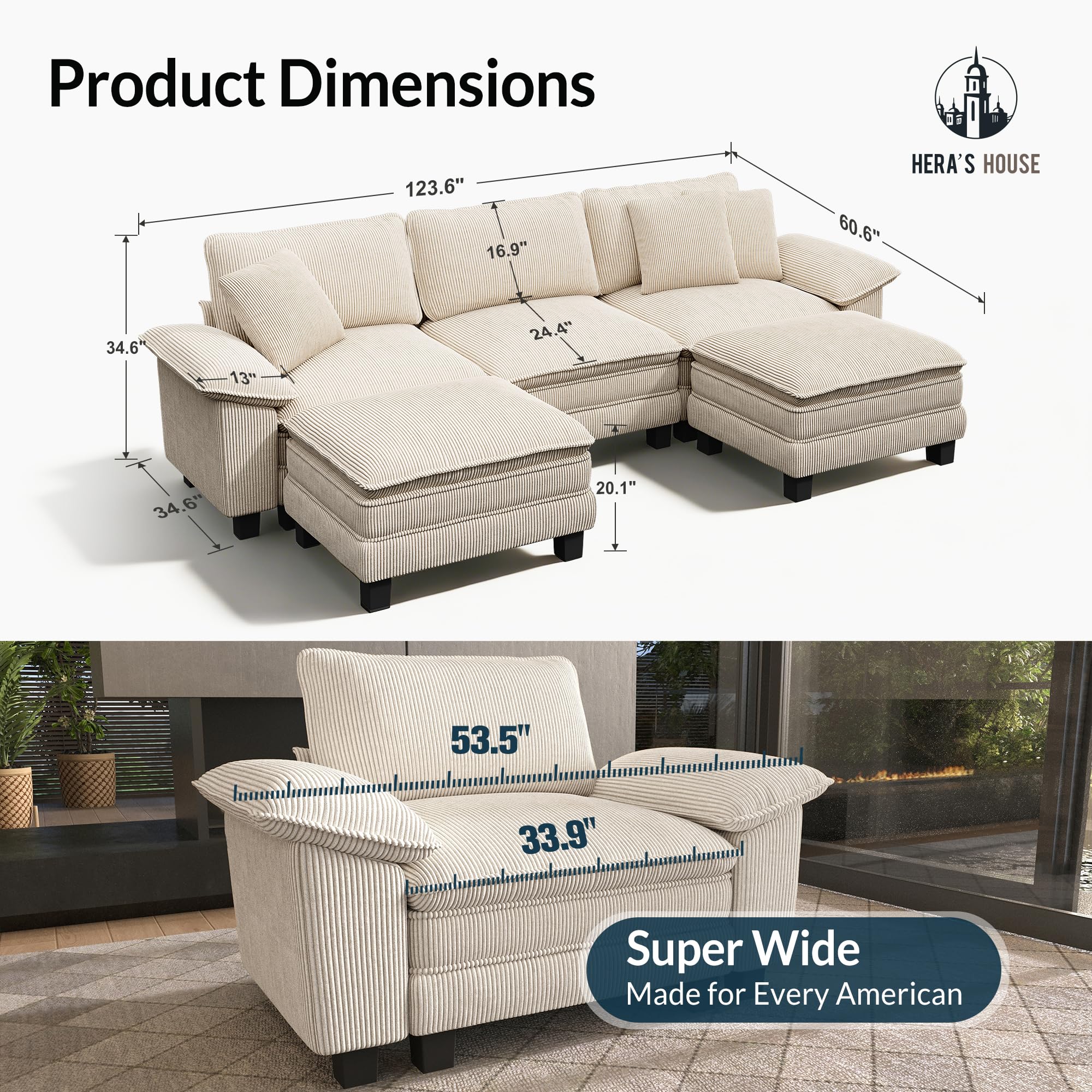 124" Modular Sectional Sofa, Oversized U Shaped Couches for Living Room, Comfy Cloud Couch with Ottoman, 5-Seater Deep Seat Sofa with Throw Pillow, Corduroy Beige