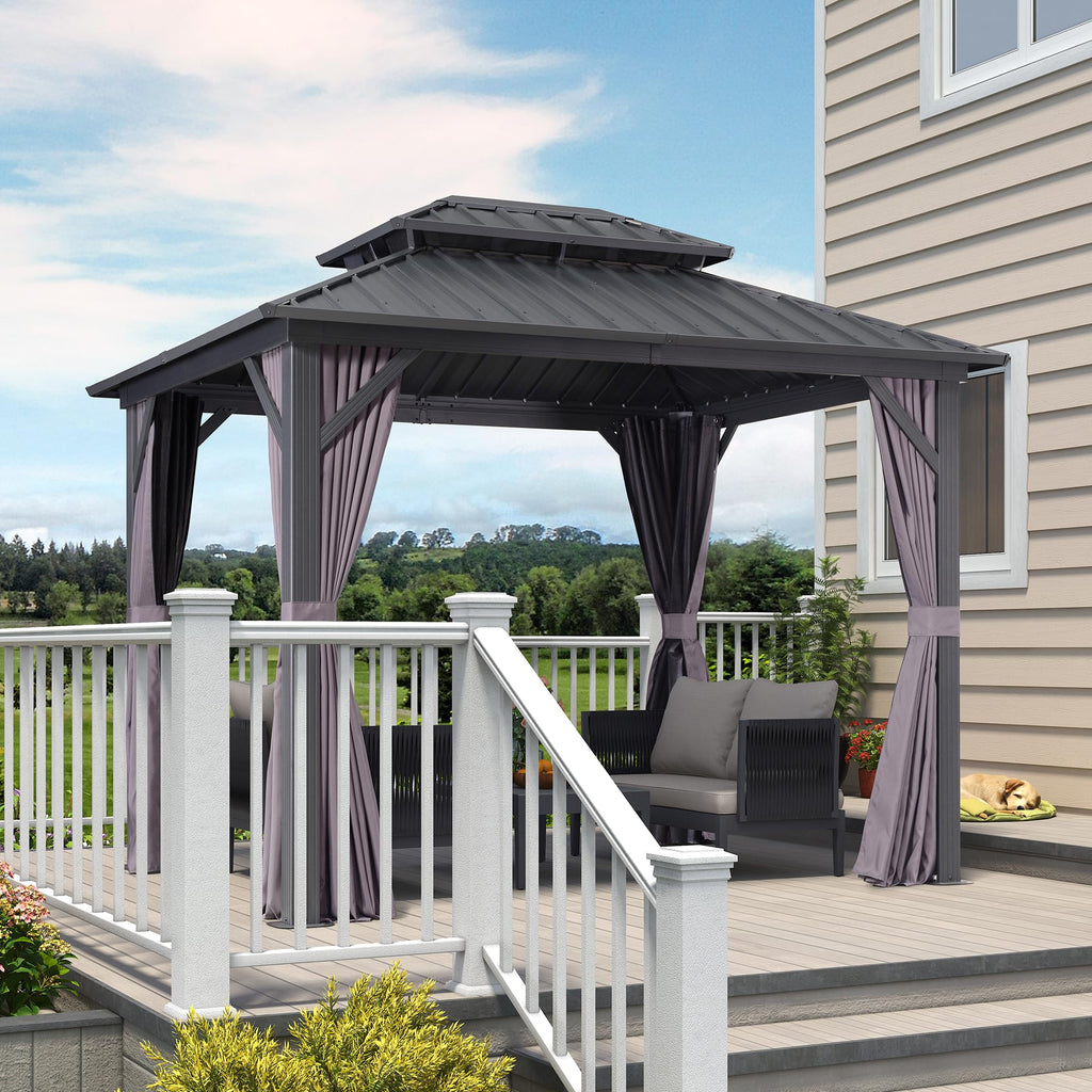 8' X 10' Permanent Hardtop Gazebo with Galvanized Steel Double Roof for Patio Lawn Garden Aluminum Gazebo with Netting and Curtains Grey