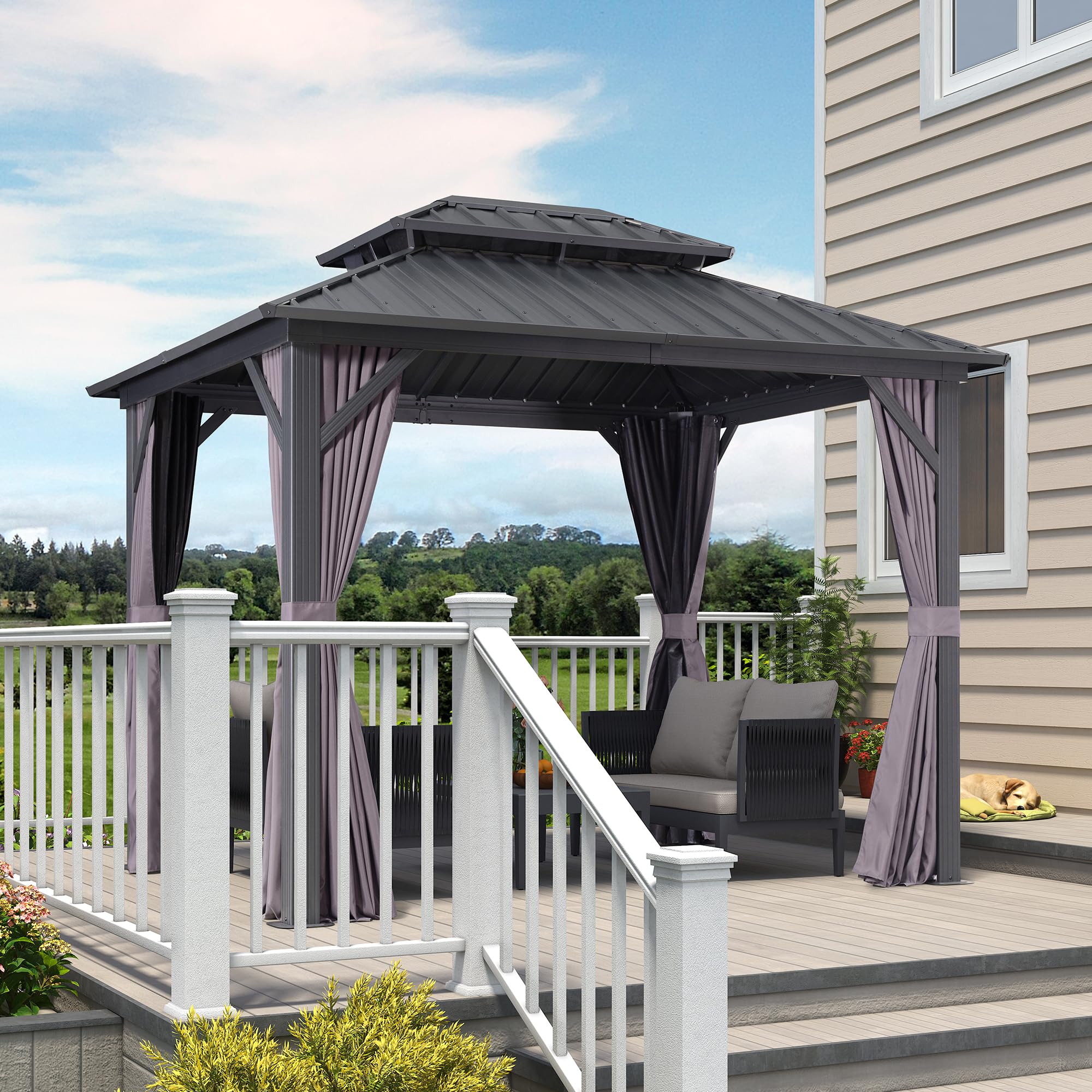 8' X 10' Permanent Hardtop Gazebo with Galvanized Steel Double Roof for Patio Lawn Garden Aluminum Gazebo with Netting and Curtains Grey