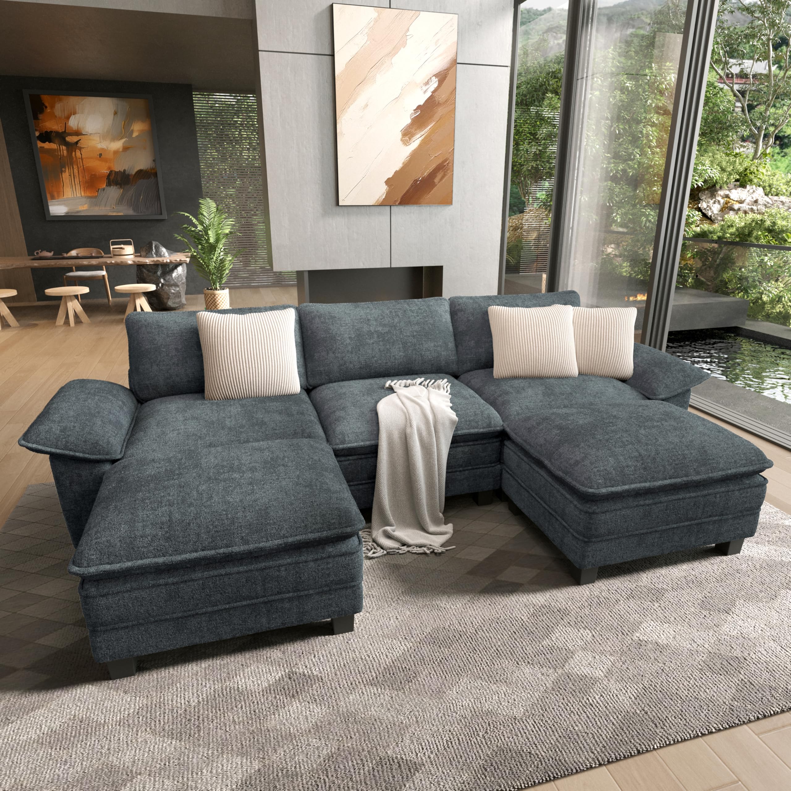 124" Modular Sectional Sofa, Oversized U Shaped Couches for Living Room, Comfy Cloud Couch with Ottoman, 5-Seater Deep Seat Sofa with Throw Pillow, Chenille Blue