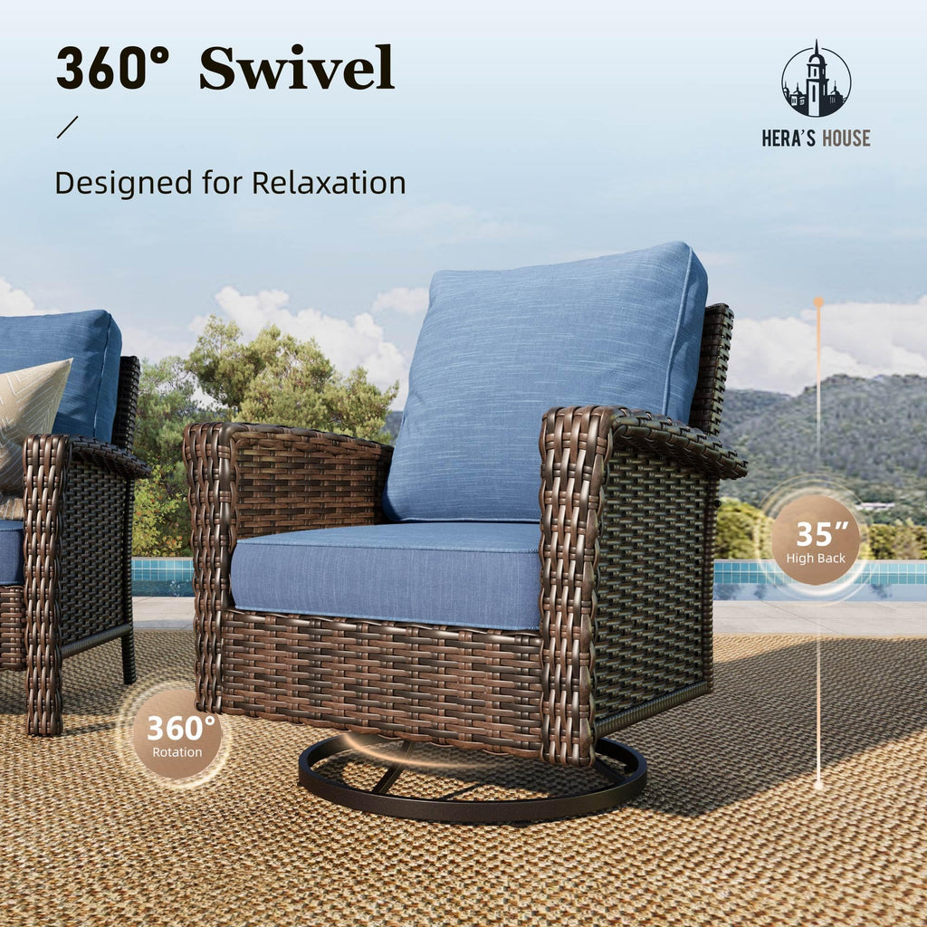 8-Piece Outdoor Furniture Set with Fire Pit Table, Patio Conversation Set with 5.5-Inch Thick Cushions & High Back Swivel Chairs, All-Weather Wicker Deep Seating Sofa with Ottomans, Blue