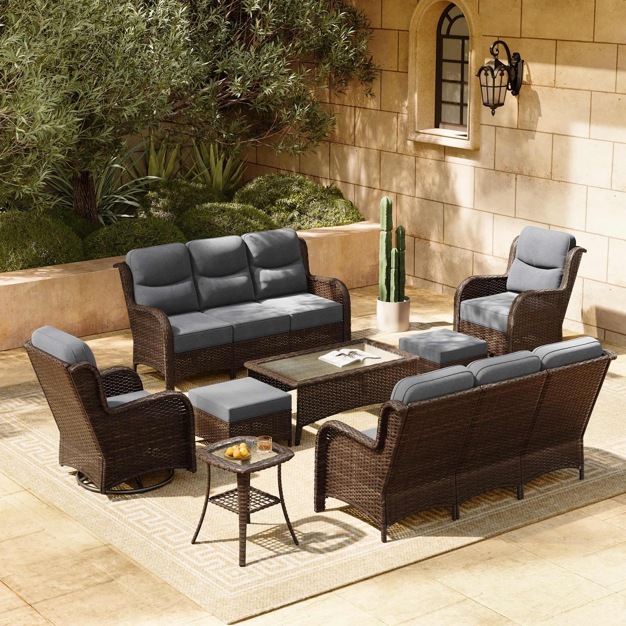 Luxury Patio Furniture Set with 6-inch Thick Cushion, Outdoor Couch and High Back Swivel Rocker Patio Chairs, 8PCS Wicker Conversation Set for Deck Yard and Poolside, Dark Grey (V2)
